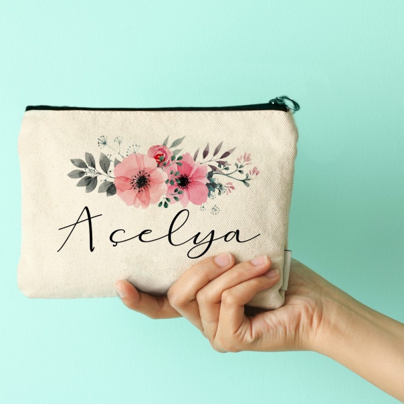 İsme özel çiçekli çok amaçlı canvas clutch çanta - 1